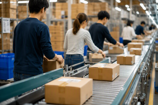 商品はラインで流れてくるので重たい商品を長い距離運んだりはしません！