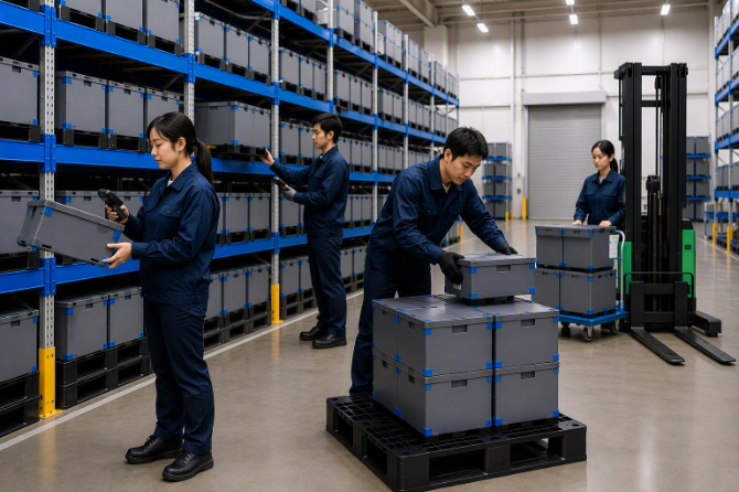 ハンディ端末を使って商品をピッキングします。ピッキングしたケースはパレットに積んでフォークリフトで運搬します。